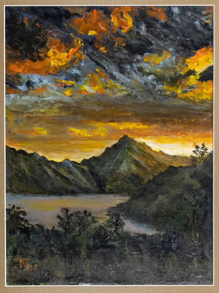 framed oil - lake and mountain scene H-400 W-290 Image 1++
