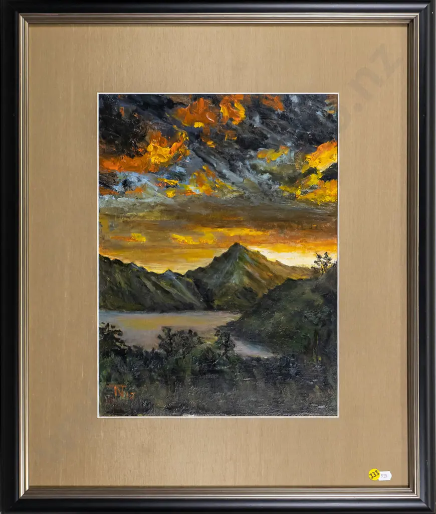 framed oil - lake and mountain scene H-400 W-290 Image 1++