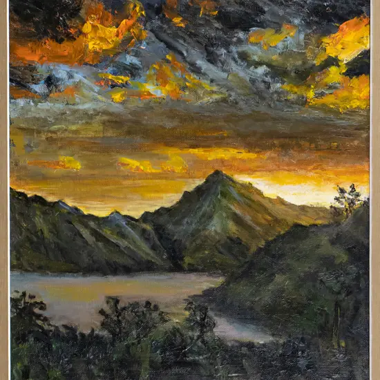framed oil - lake and mountain scene H-400 W-290