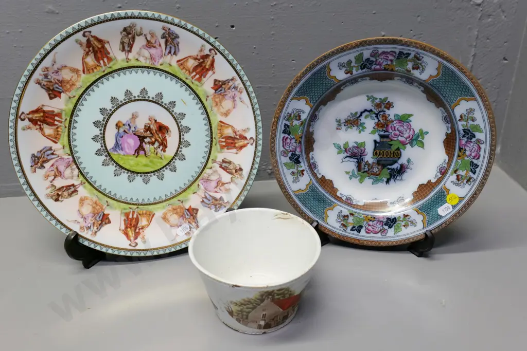 DL&Co 1896 Burns Centennial bowl (damage) & 2 display plates - English oriental design & 'JK' German romance scene D300 Image 1++