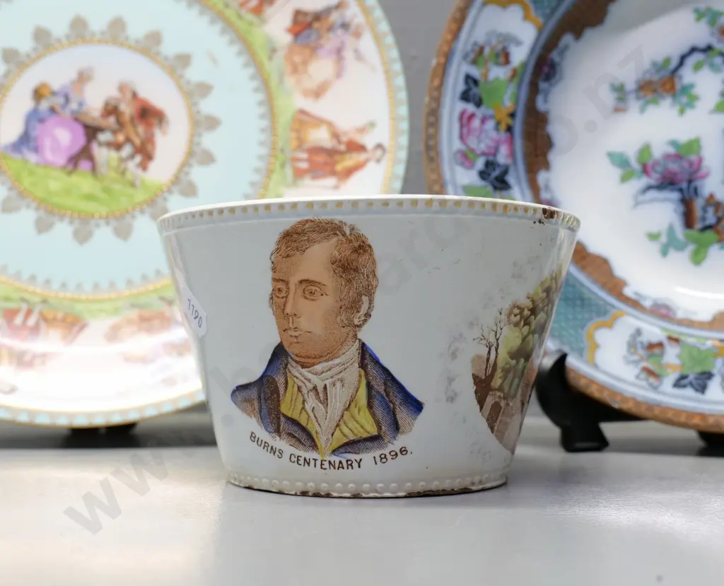 DL&Co 1896 Burns Centennial bowl (damage) & 2 display plates - English oriental design & 'JK' German romance scene D300 Image 1++