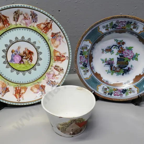 DL&Co 1896 Burns Centennial bowl (damage) & 2 display plates - English oriental design & 'JK' German romance scene D300