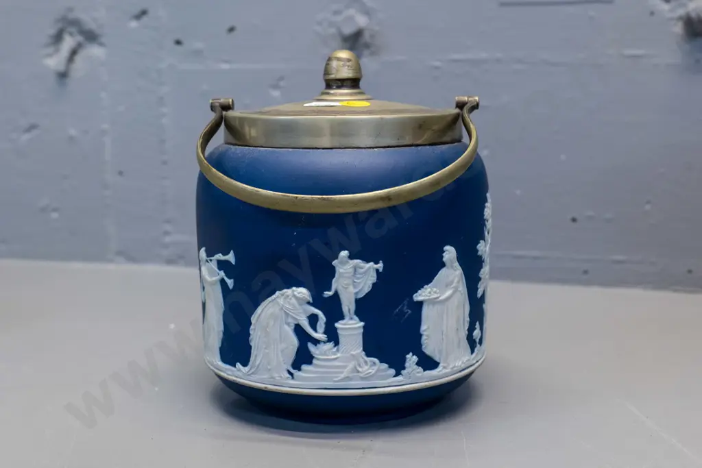 Adams Tunstall deep blue jasperware biscuit barrel - plating worn off handle and lid H-250 Diameter 140 Image 1++