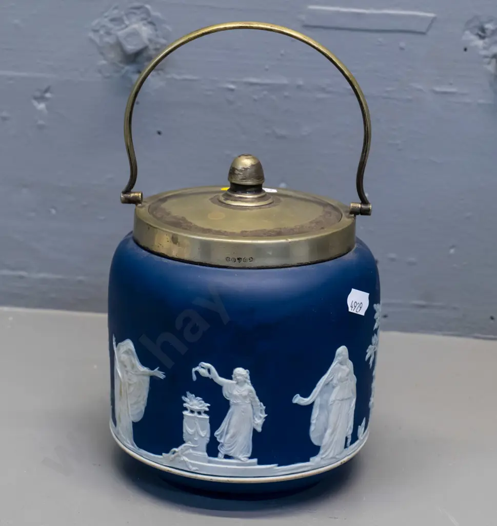 Adams Tunstall deep blue jasperware biscuit barrel - plating worn off handle and lid H-250 Diameter 140 Image 1++