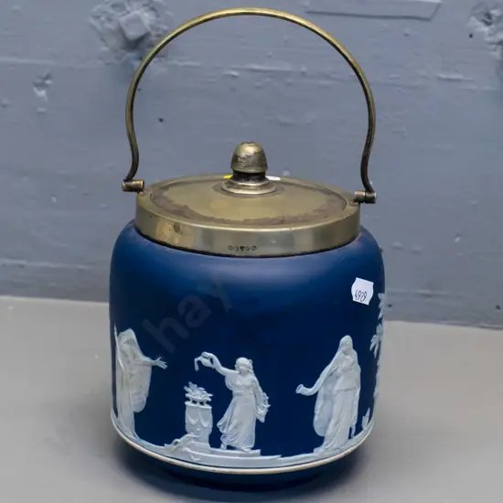Adams Tunstall deep blue jasperware biscuit barrel - plating worn off handle and lid H-250 Diameter 140