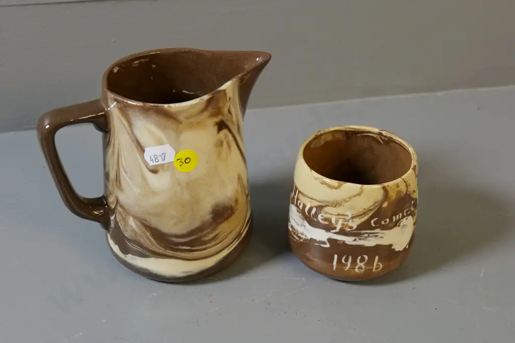 Temuka pottery - 2 Te Rona swirl glaze items - jug  H-125 and pot with Halley's Comet 1986 decoration Image 1++