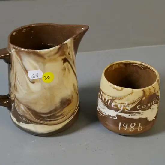 Temuka pottery - 2 Te Rona swirl glaze items - jug  H-125 and pot with Halley's Comet 1986 decoration