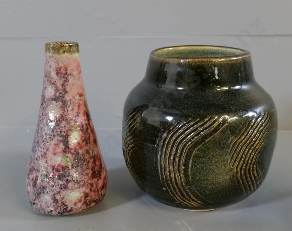studio pottery items - vase with sgraffito design, CW mark, H-120 and a small multi-coloured attributed OC Stephens Image 1++