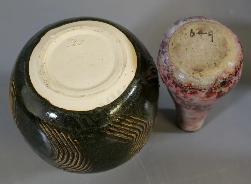 studio pottery items - vase with sgraffito design, CW mark, H-120 and a small multi-coloured attributed OC Stephens Image 1++