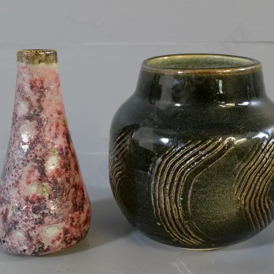 studio pottery items - vase with sgraffito design, CW mark, H-120 and a small multi-coloured attributed OC Stephens