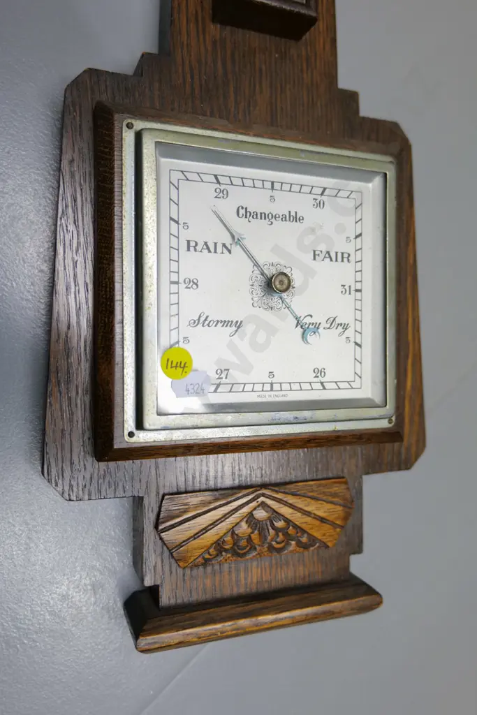 deco style carved oak cased barometer thermometer - marked Made in England H-550 W-210 Image 1++