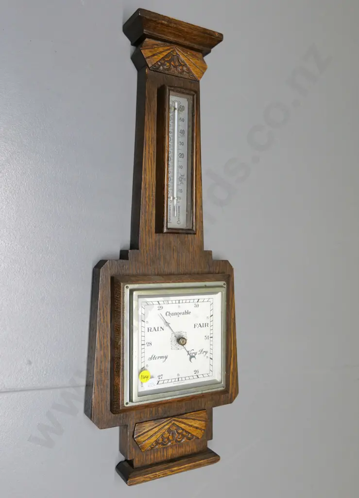 deco style carved oak cased barometer thermometer - marked Made in England H-550 W-210 Image 1++