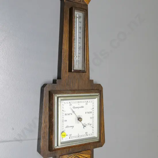 deco style carved oak cased barometer thermometer - marked Made in England H-550 W-210