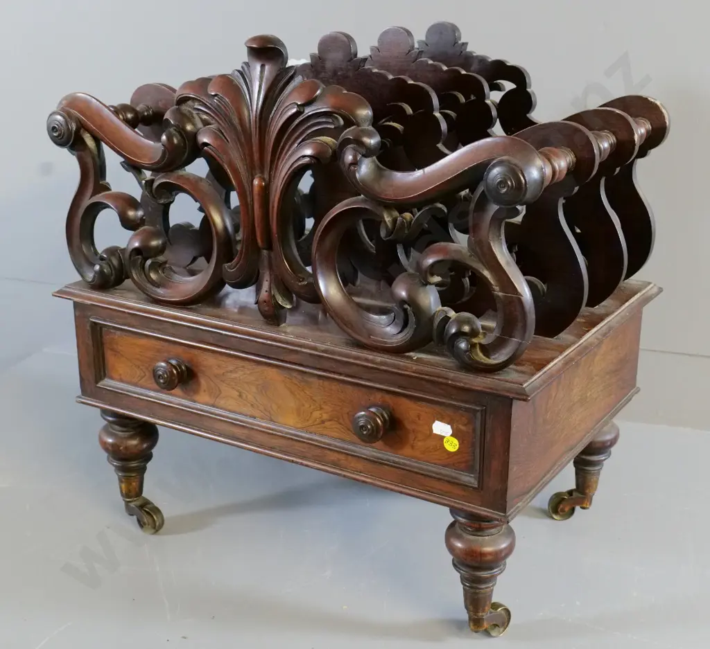 Victorian ornately carved mahogany music canterbury - on casters H-530 W-520 D-350 Image 1++