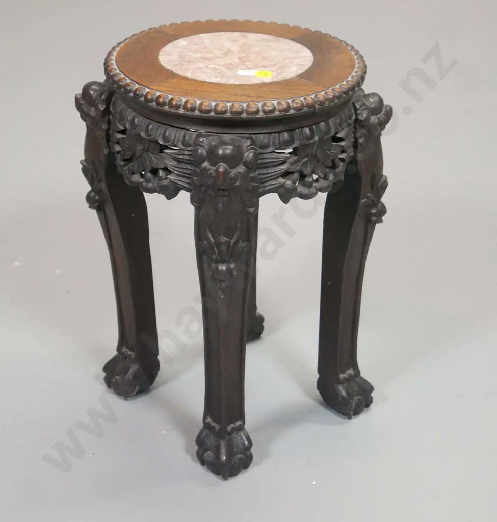 Chinese heavily carved small table with marble insert top H-330 Diameter 240 Image 1++