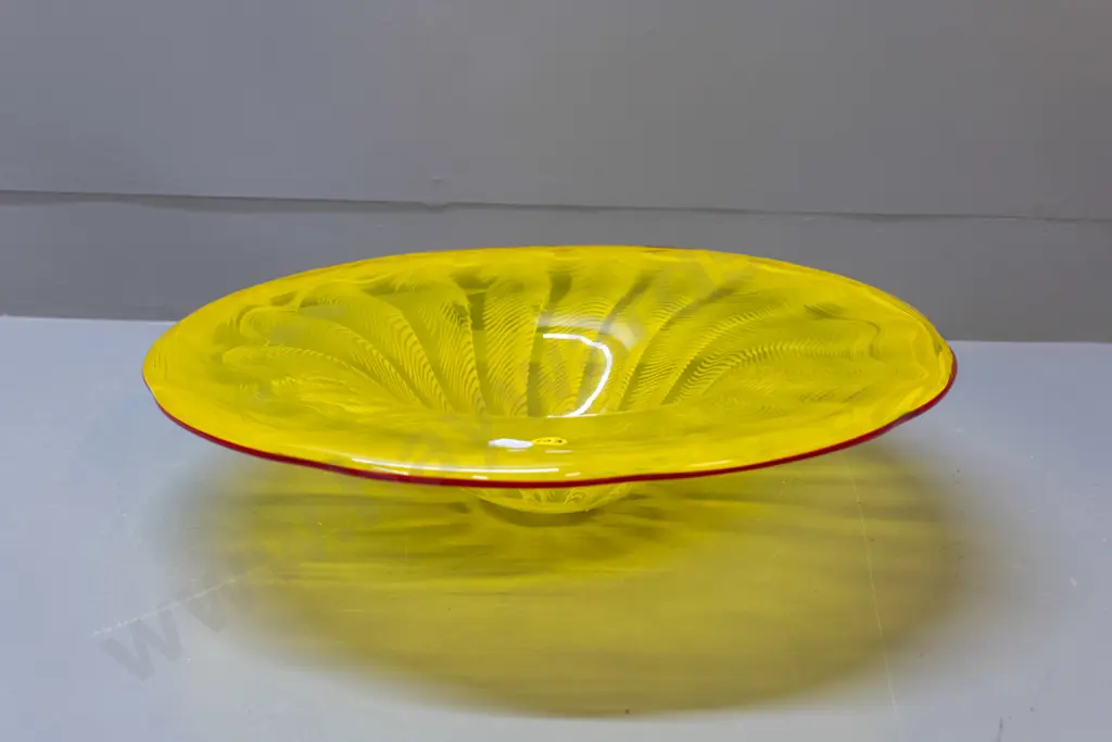 large yellow art glass bowl with red rim H-90 Diameter 410 Image 1++