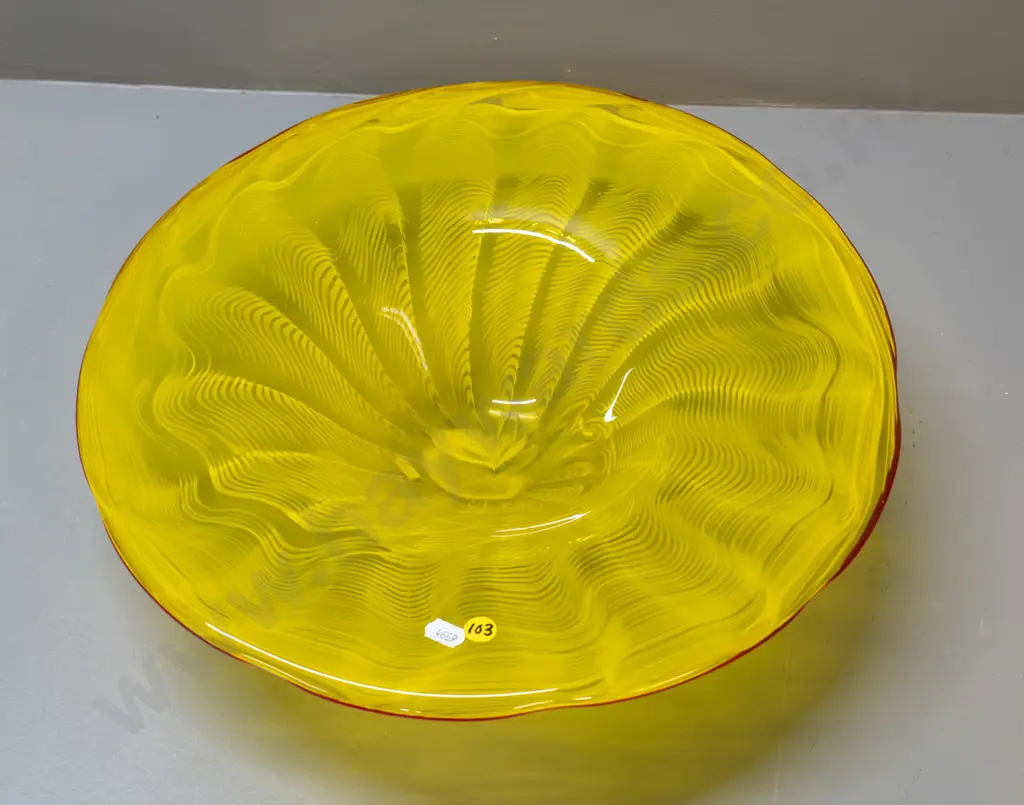 large yellow art glass bowl with red rim H-90 Diameter 410 Image 1++