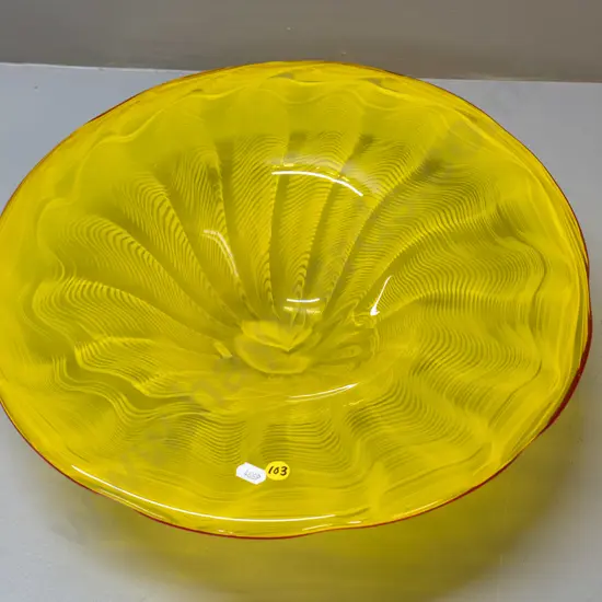 large yellow art glass bowl with red rim H-90 Diameter 410