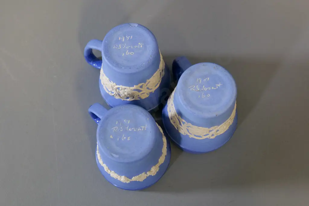 Temuka pottery - 3 blue glaze jasperware mugs - one signed RS Lovatt 1981 H-100 Image 1++