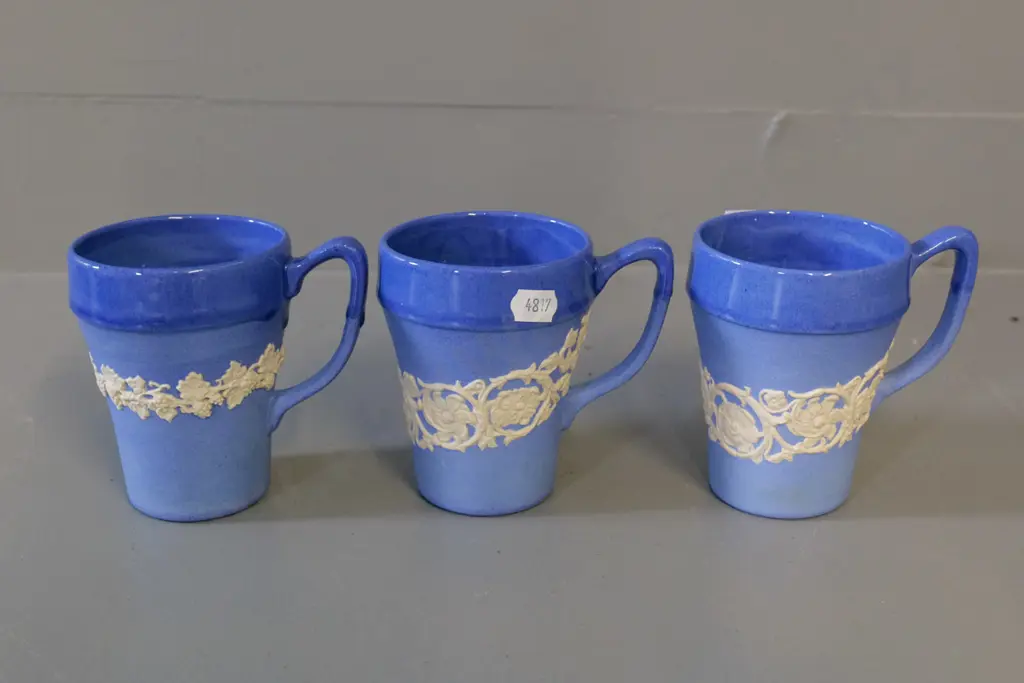 Temuka pottery - 3 blue glaze jasperware mugs - one signed RS Lovatt 1981 H-100 Image 1++