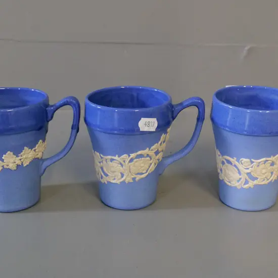 Temuka pottery - 3 blue glaze jasperware mugs - one signed RS Lovatt 1981 H-100