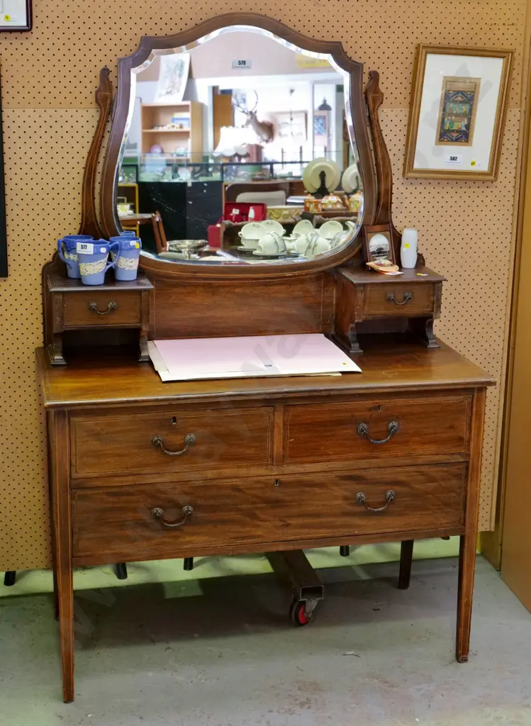 deco style mahogany 5-drawer dressing table with marquetry detail, tilt mirror  - polish needs work H1580 W1060 D480 Image 1++