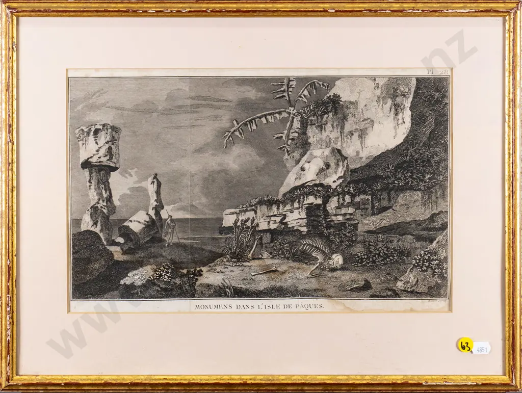 gilt framed Bernard Dirax copper engraving - Easter Island (1734 – 1786) (foxing, staining  and creasing) H-220 W-370 Image 1++