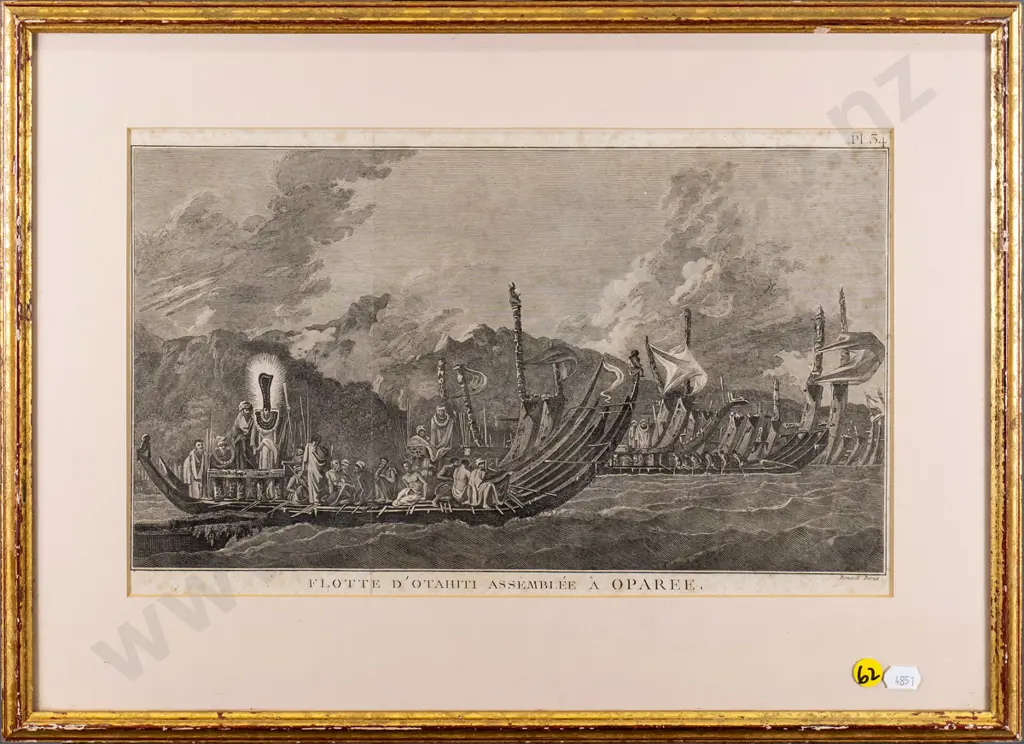 gilt framed Bernard Dirax copper engraving - Tahiti (1734 – 1786) (foxing and creasing) H-220 W-370 Image 1++