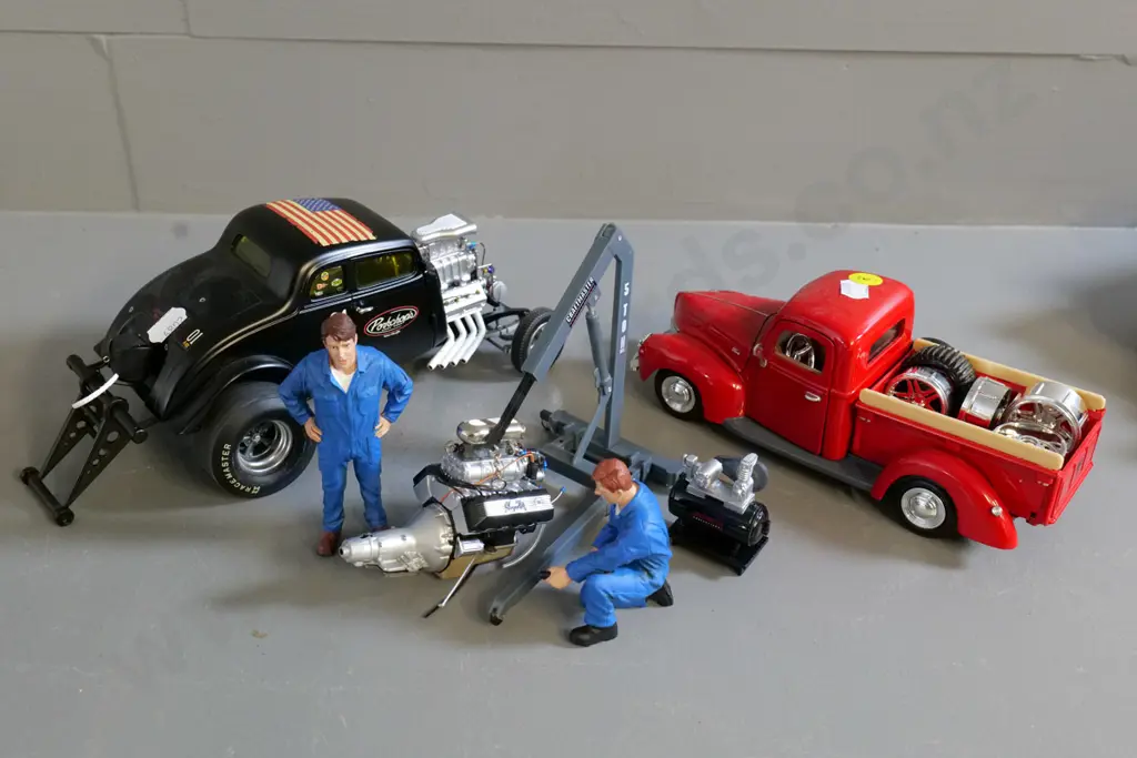 2 die-cast model cars - Acme Porkchops racer and a 1:24 Ford pickup plus workshop figures, mag wheels, engine, hoist etc Image 1++