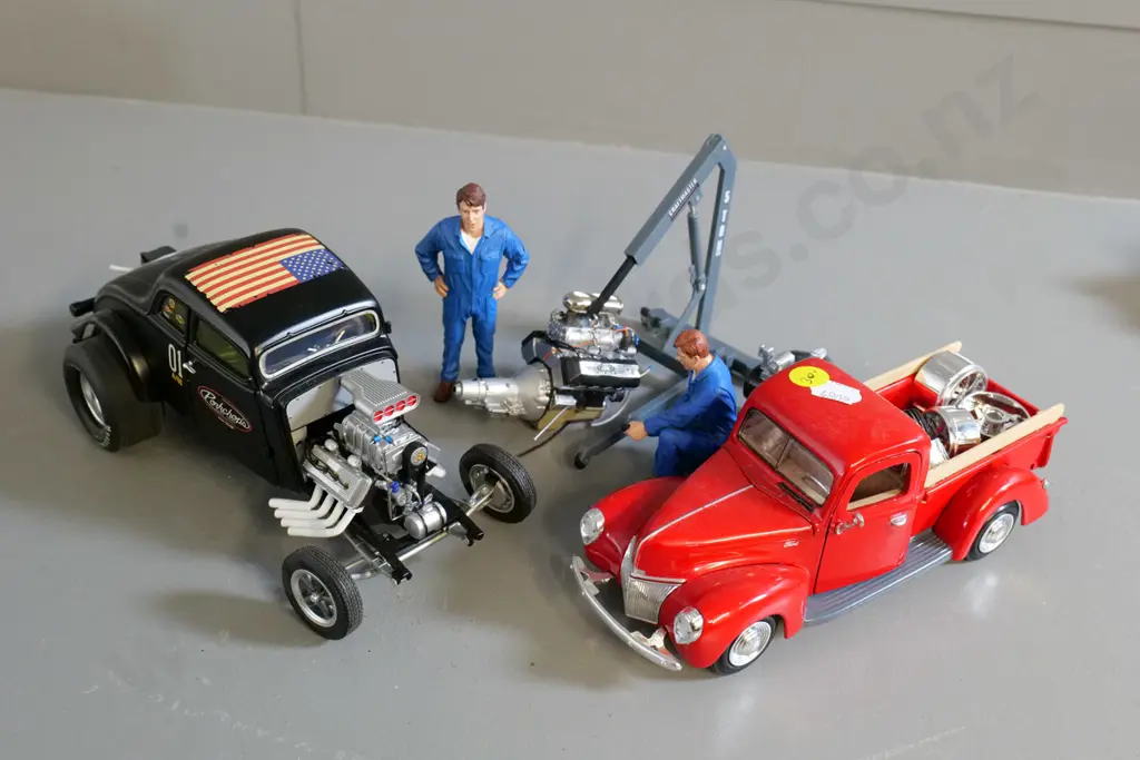 2 die-cast model cars - Acme Porkchops racer and a 1:24 Ford pickup plus workshop figures, mag wheels, engine, hoist etc Image 1++