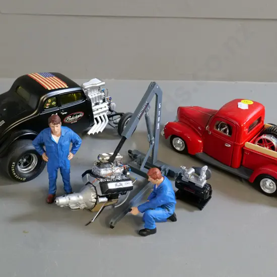 2 die-cast model cars - Acme Porkchops racer and a 1:24 Ford pickup plus workshop figures, mag wheels, engine, hoist etc