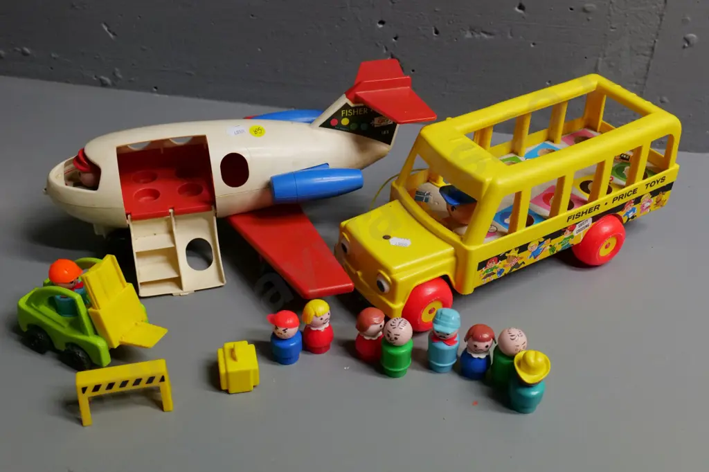 Fisher-Price jet plane L-340 W-300 & passengers, school bus, assorted figures, suitcase etc - not all complete Image 1++