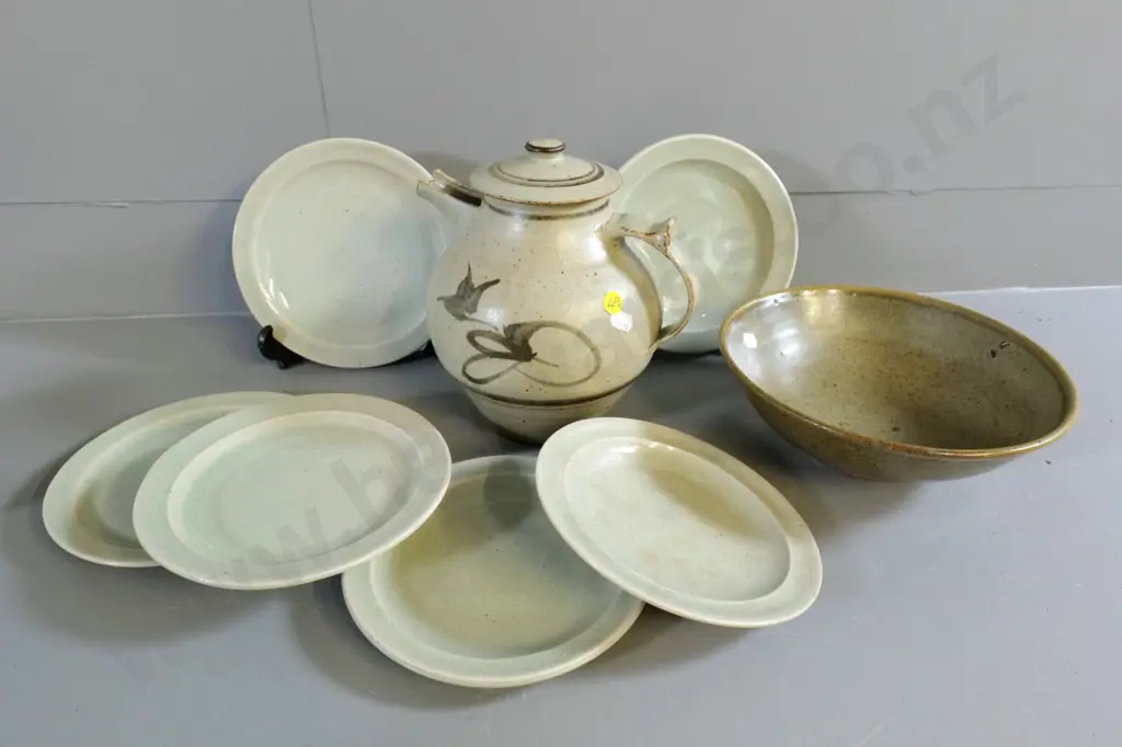studio pottery - tea or coffee pot, 6 celandine side plates, and a bowl D-220, no maker's marks Image 1++