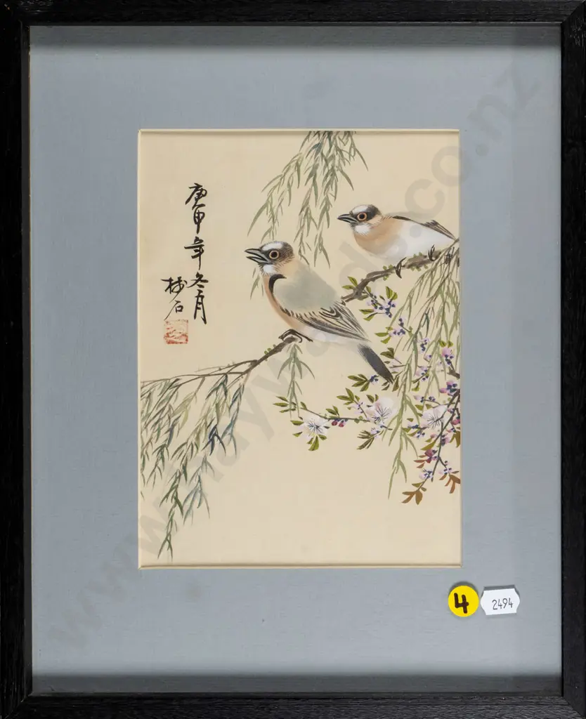 framed Japanese watercolour - birds on branch H-190 W-140 Image 1++
