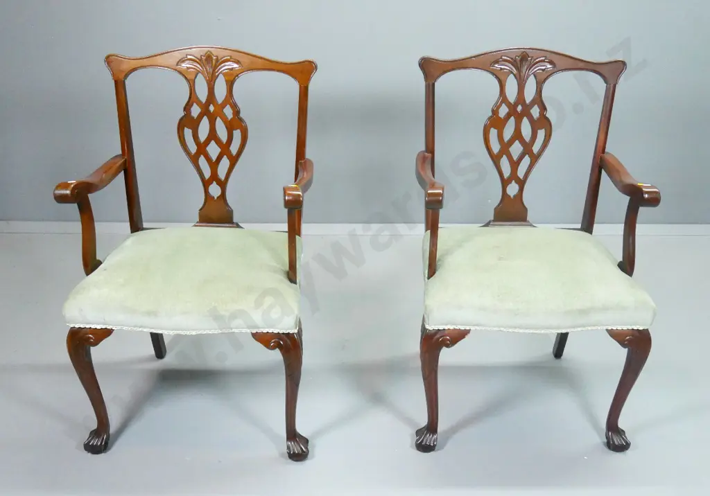 pair reproduction Chippendale style mahogany carver dining chairs w/ball & claw feet, green velvet H970 W580 D490 Image 1++