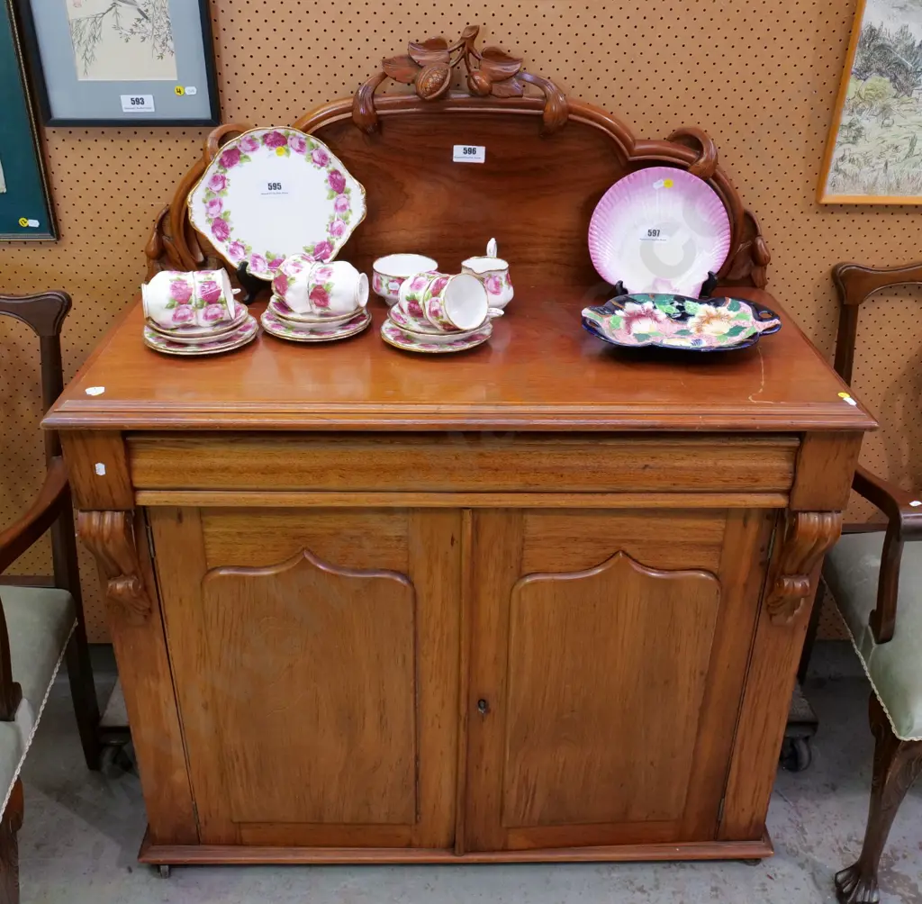 Victorian walnut chiffonier with carved back stand, key escutcheons & keys, casters. Some marks & split H1300 W1050 D460 Image 1++