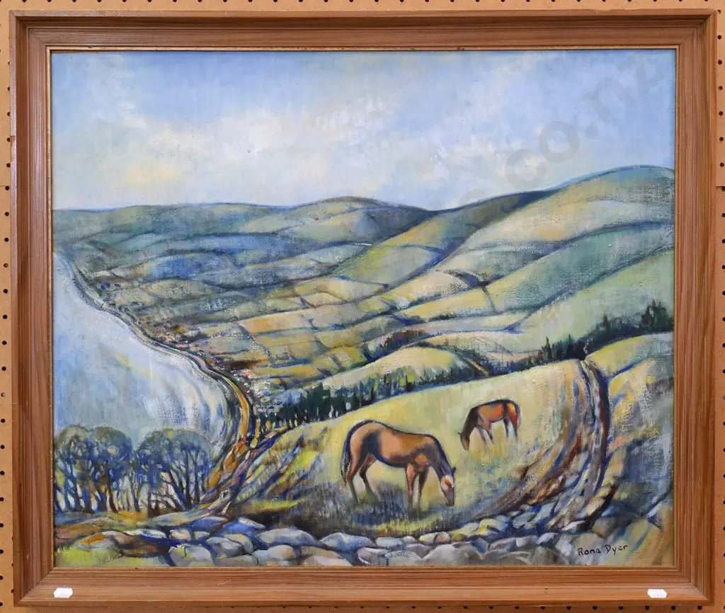 Rona Dyer - framed oil on board - horses grazing H-495 W-590 Image 1++