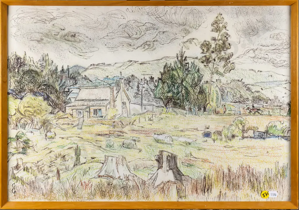 Greta Graetzer - framed ink and pencil - country scene H-350 W-490 Image 1++