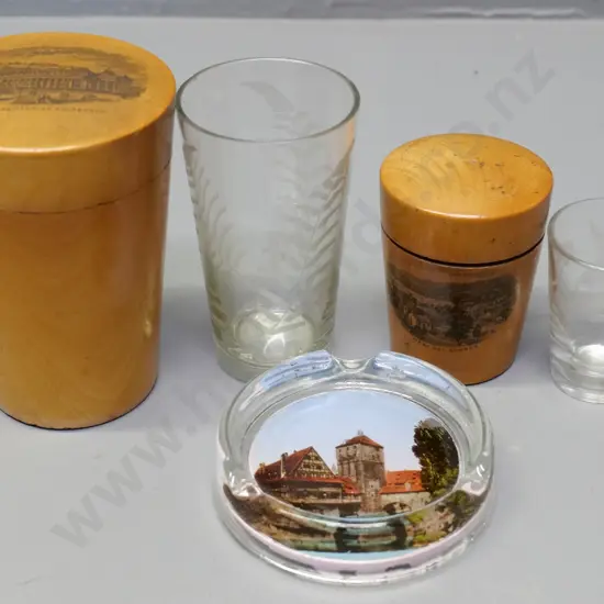 Souvenir ware - 2 etched glass drinking glasses in turned wood cases - Dunoon and Edinburgh - and a German glass ashtray