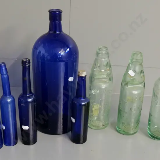Bottles - Lanes marble with crack, Thomsons marble, Lane's Crystal Spring Mineral Water and 5 blue glass bottles