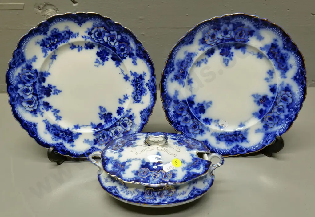 3 pieces Alfred Meakin flow blue & gilt china - 2 plates and a lidded sauce boat Image 1++