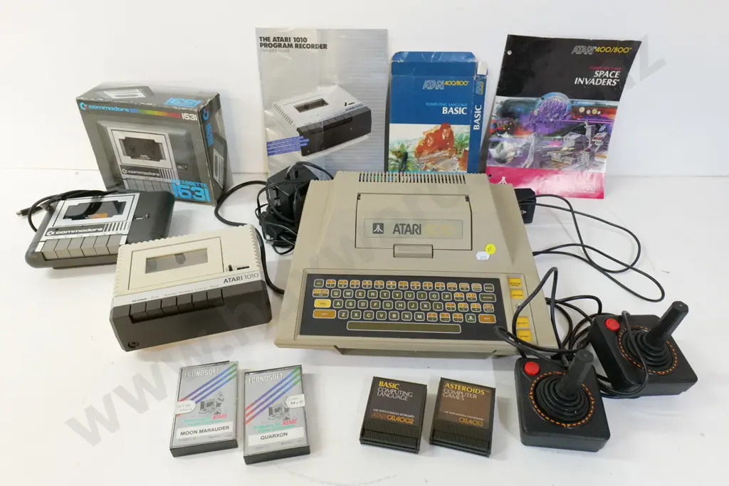early Atari home computer circa 1981 with cartridge, games, controllers, 2 cassette drives Image 1++
