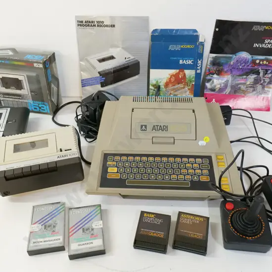 early Atari home computer circa 1981 with cartridge, games, controllers, 2 cassette drives