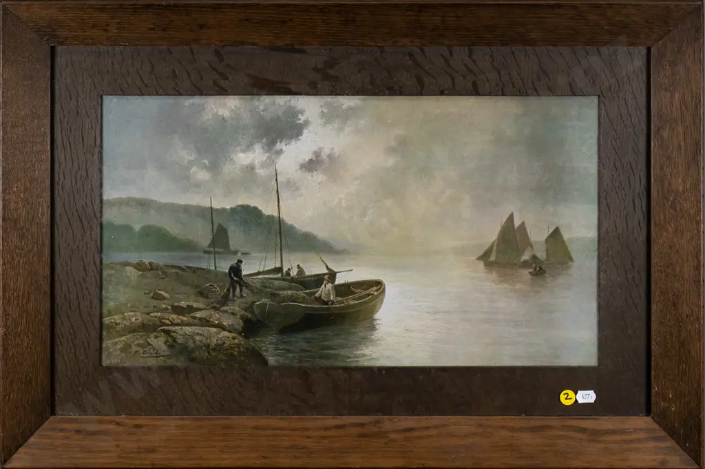 oak framed vintage print - fishing boat scene H-250 W-450 Image 1++
