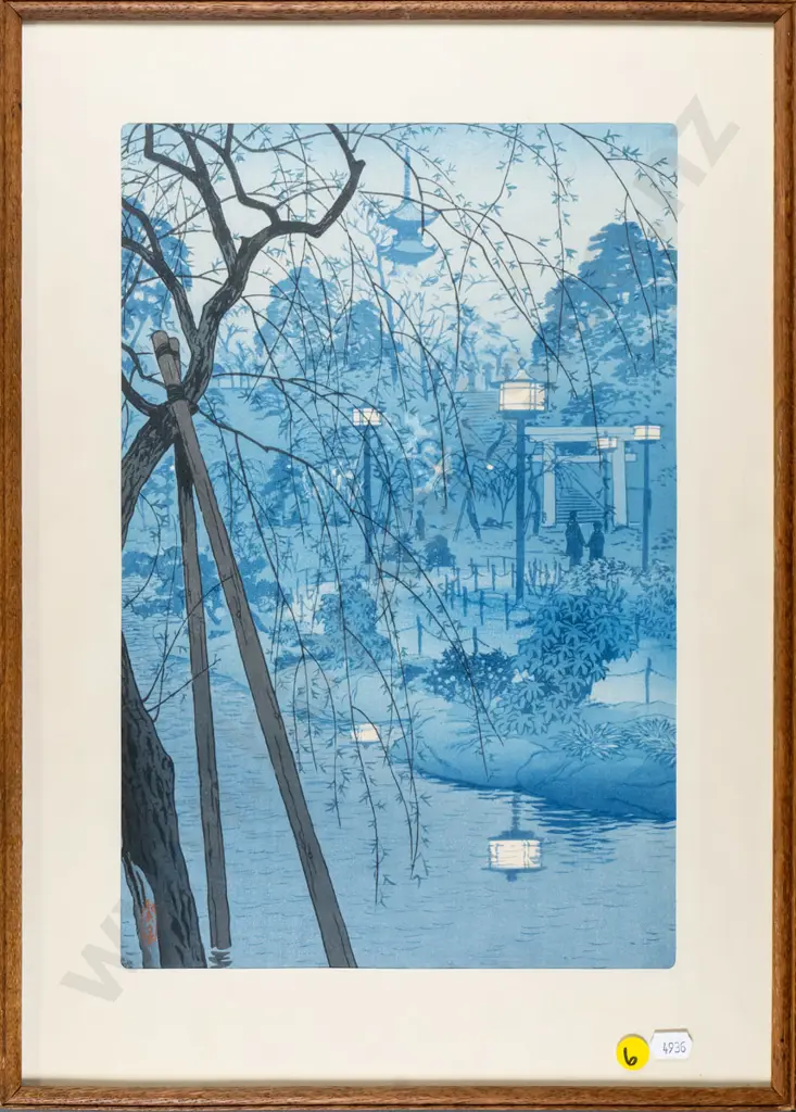 framed Japanese print "Misty Evening by the Shinobazu Pond" H-350 W-230 Image 1++