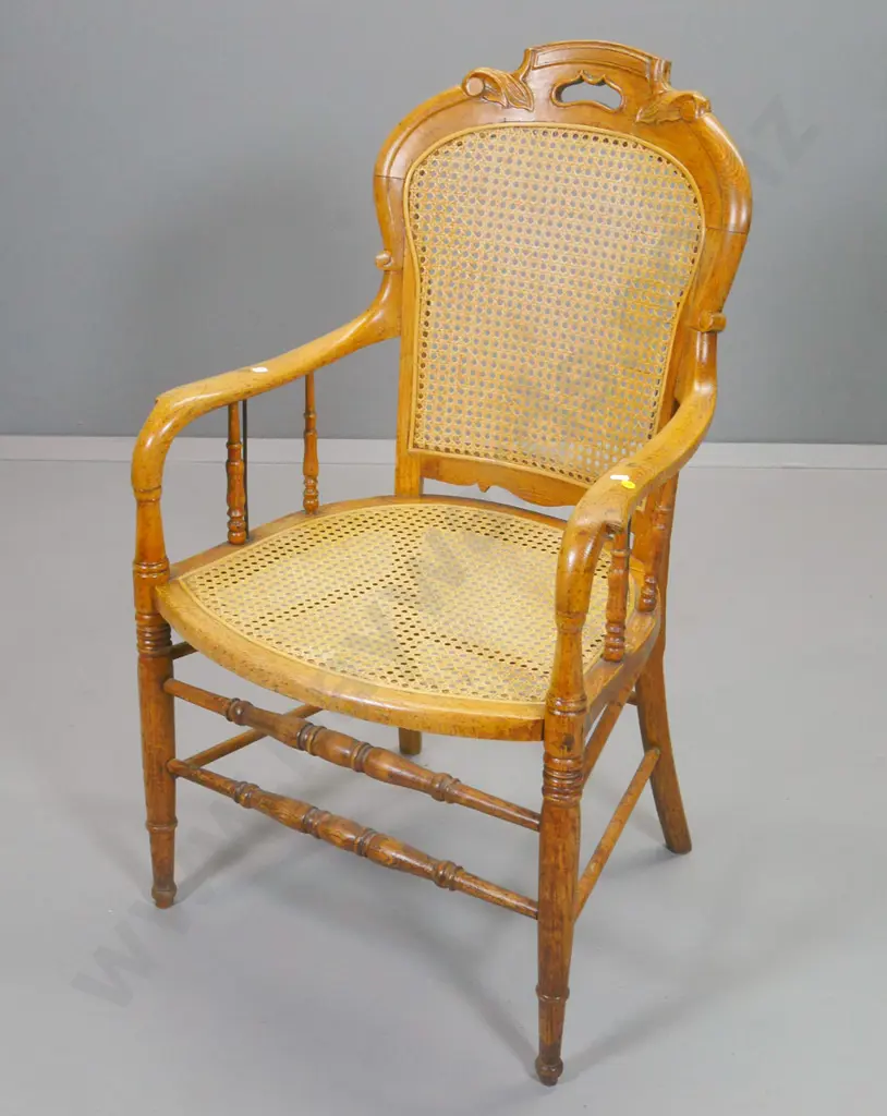 vintage colonial style carved back turned spindle chair with bergere cane seat & back H970 W590 D500 Image 1++