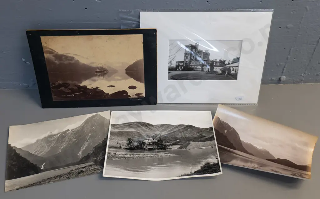 assorted vintage photos - mounted Larnach castle, George Sound, loose gold dredging H160 W210, Milford Image 1++