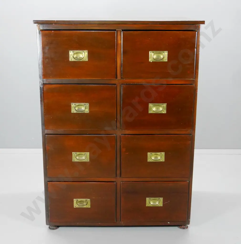vintage mahogany 8-drawer filing cabinet with brass campaign handles - some damage,repairs, finish wear H1320 W960 D680 Image 1++