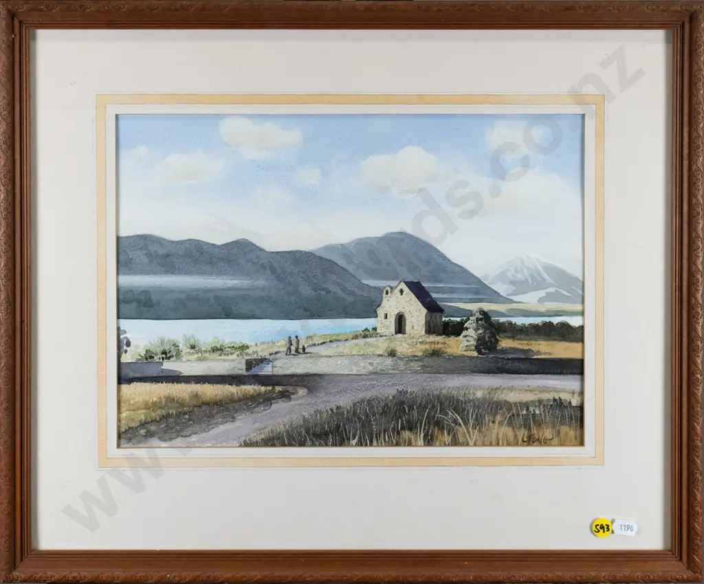 illegible signature - framed watercolour - Church of the Good Shepherd. Lake Tekapo H240 W-325- Image 1++