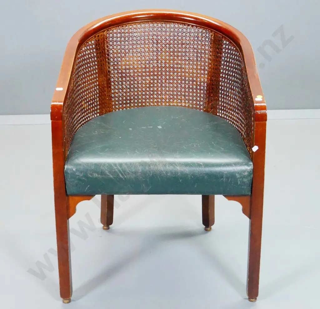 mahogany framed tub chair w/ green leather seat, bergere cane back and sides, marks & wear H750 W540 D550 Image 1++